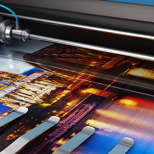 3D render illustration of printing photo banner on large format color plotter in typography or print house printshop